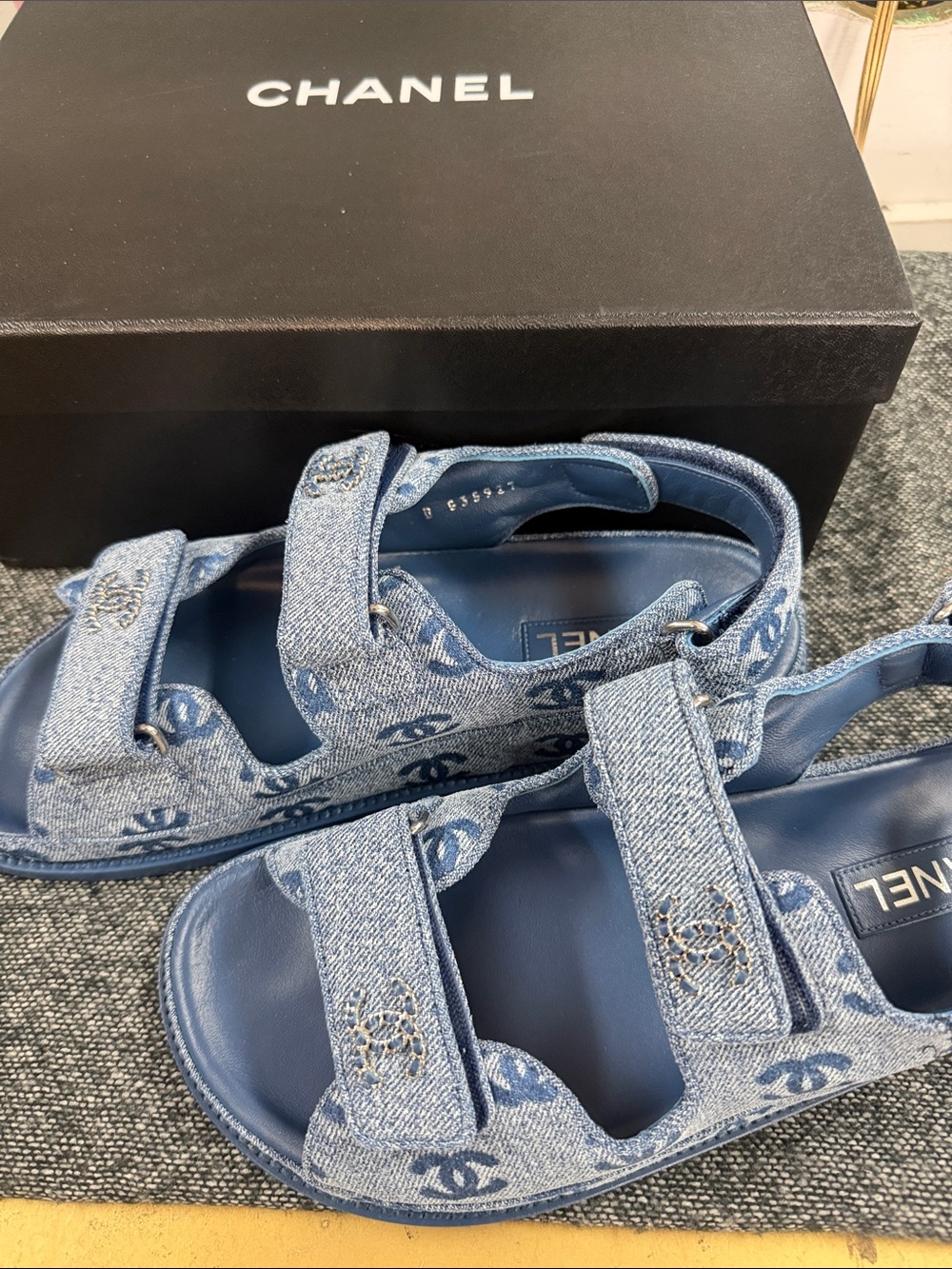 CHANEL Denim Logo Double-Strap Sandals in Light Blue